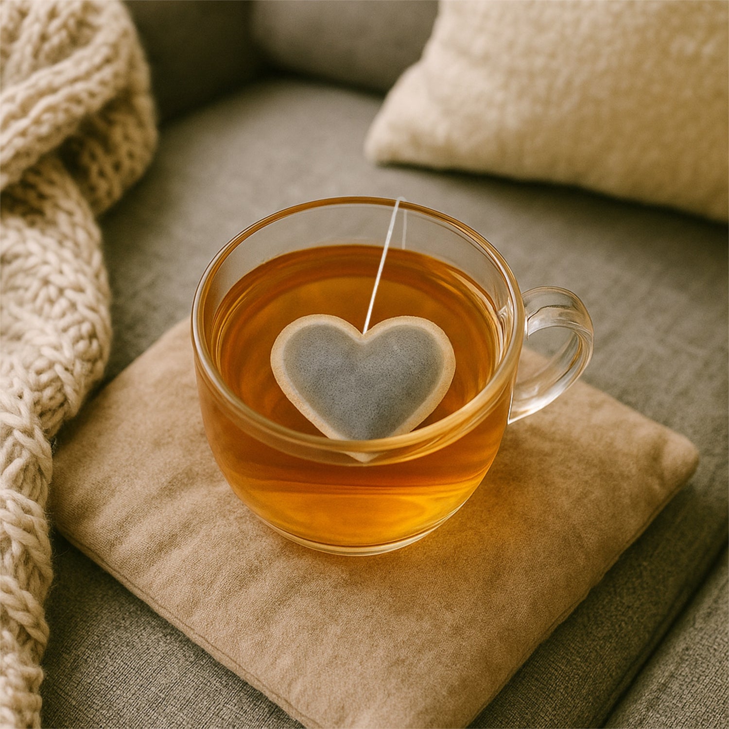 Heart shaped tea bags on cosy pillow