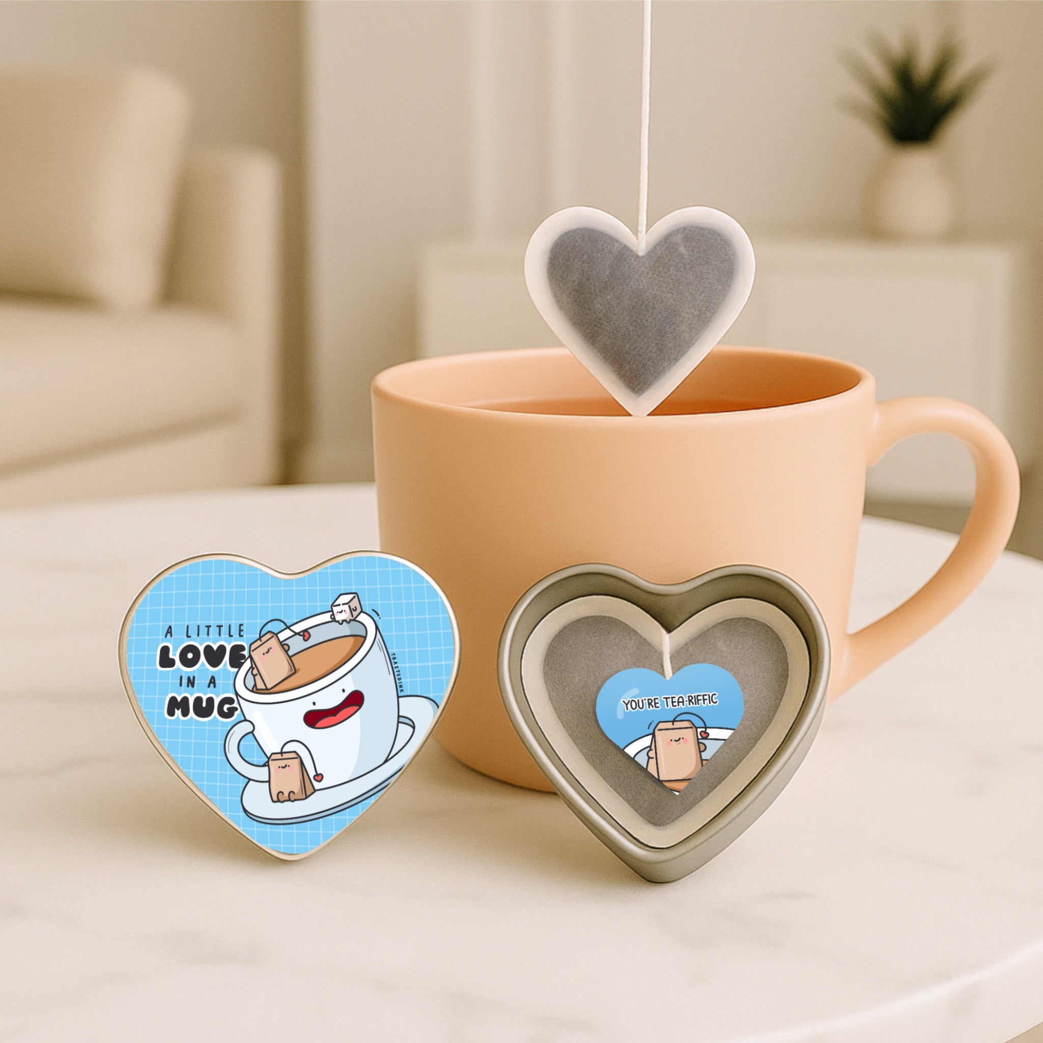 Heart shaped tea bags with heart tin