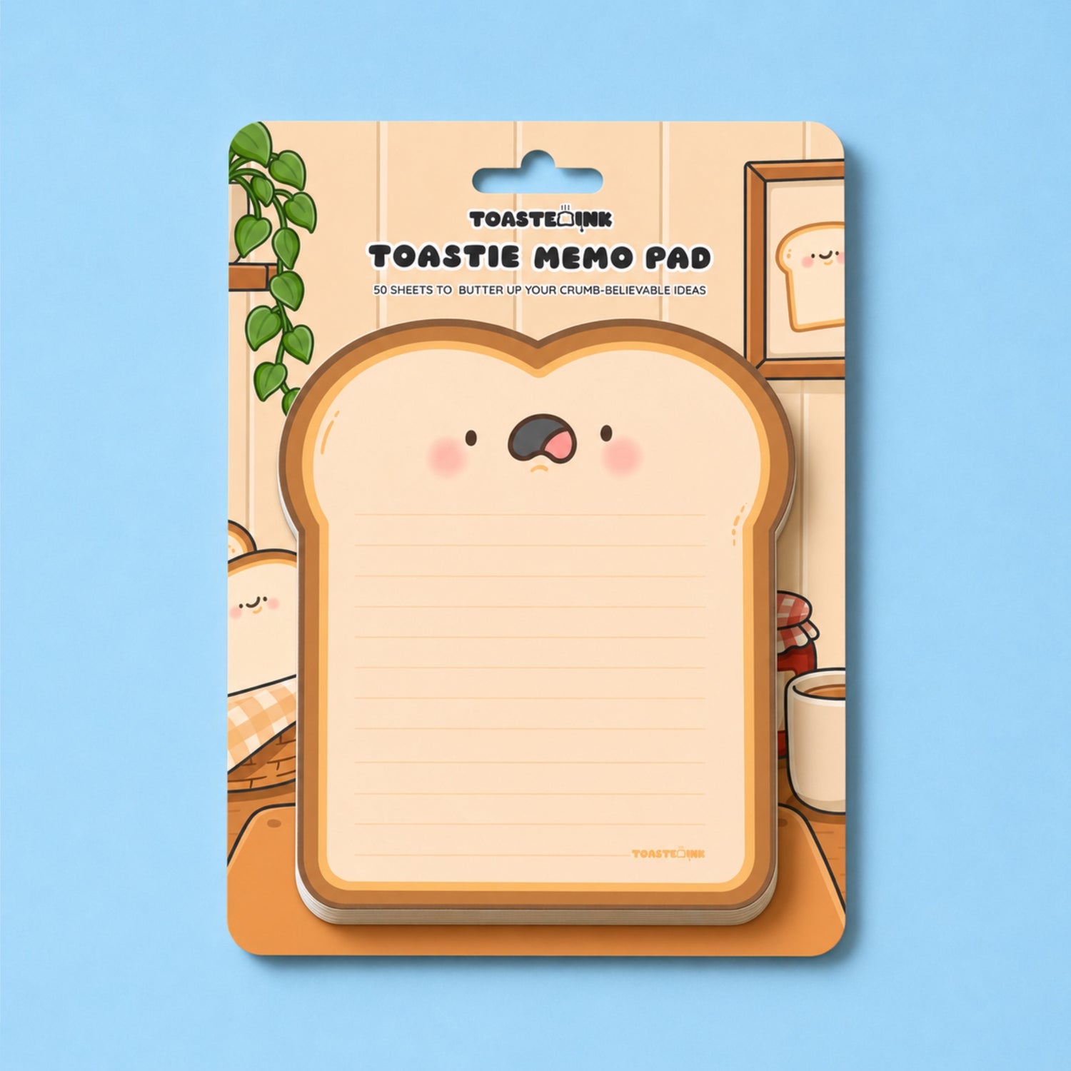 Toast shaped memo pad on a toast design backing card on white table