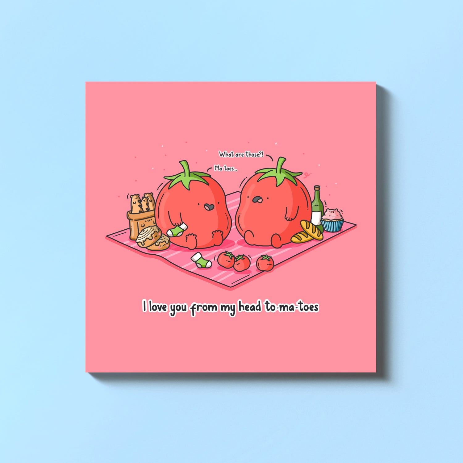 Tomatoes card on blue table