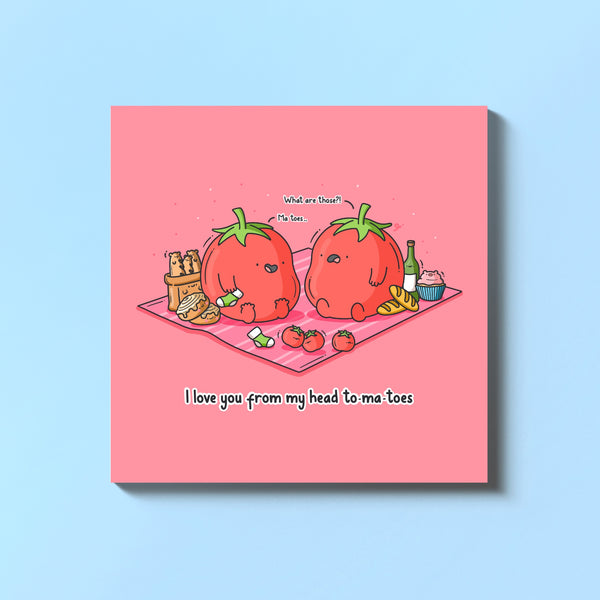 Tomatoes card on blue table