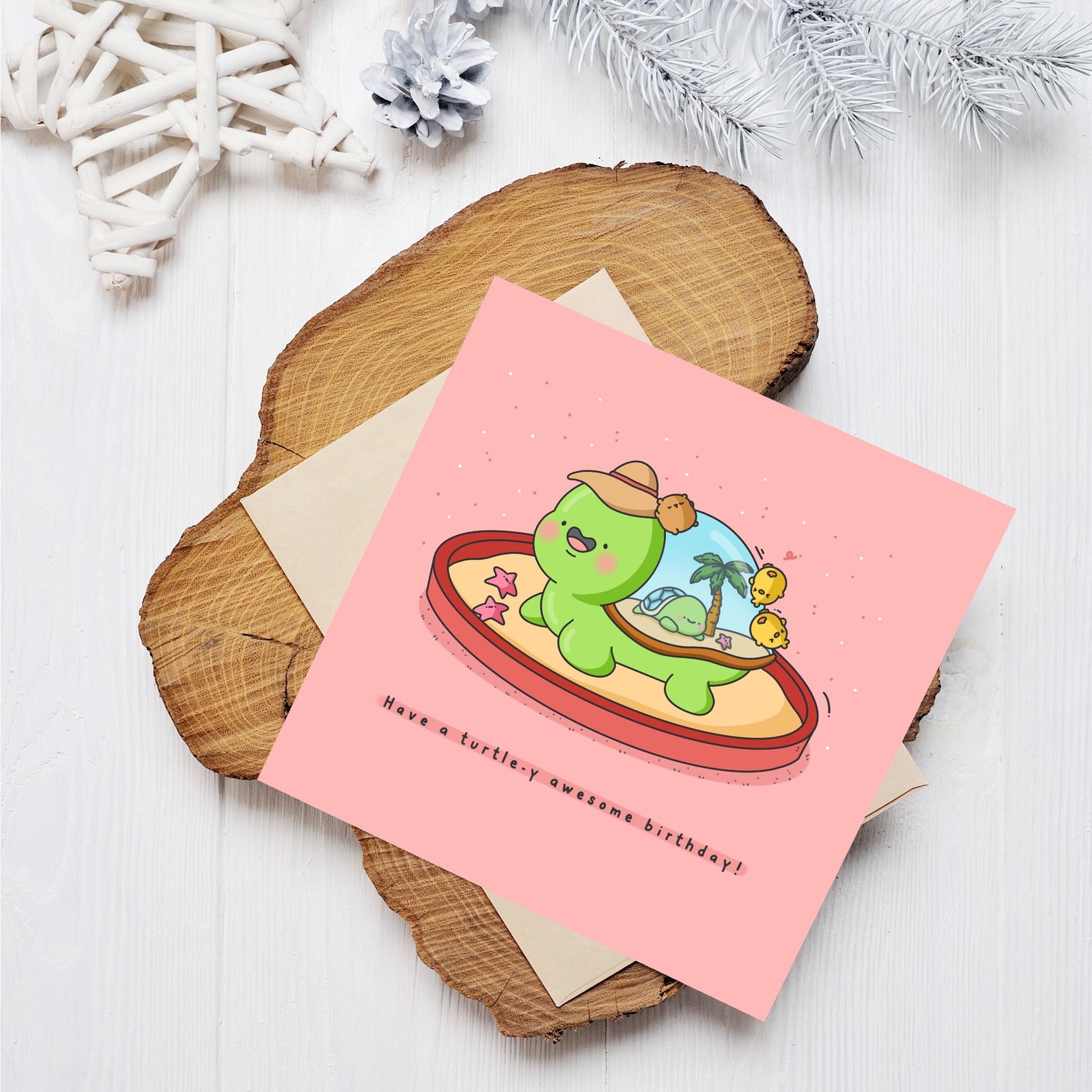 Turtle birthday card on wooden block