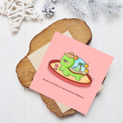 Turtle birthday card on wooden block