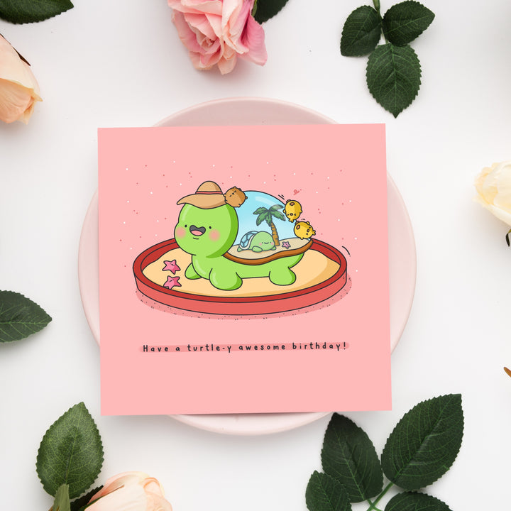 Turtle card on a pink plate