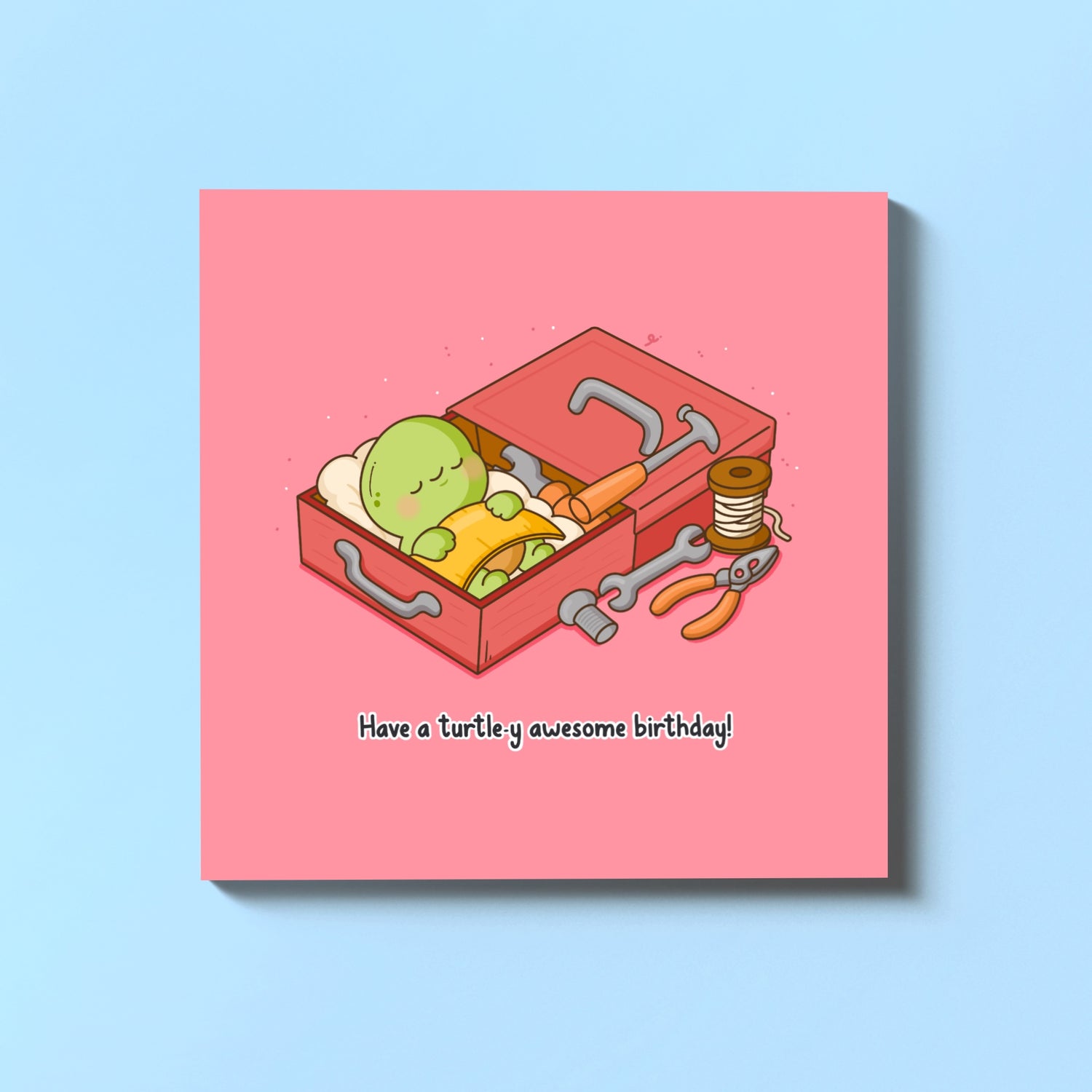 Turtle birthday card on blue background
