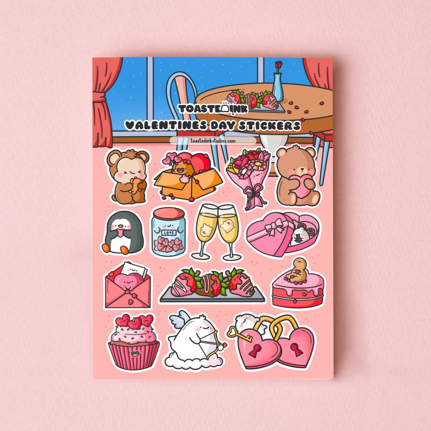 Valentines day sticker sheet on pink table