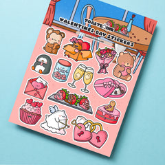 Valentines day sticker sheet close up on blue table