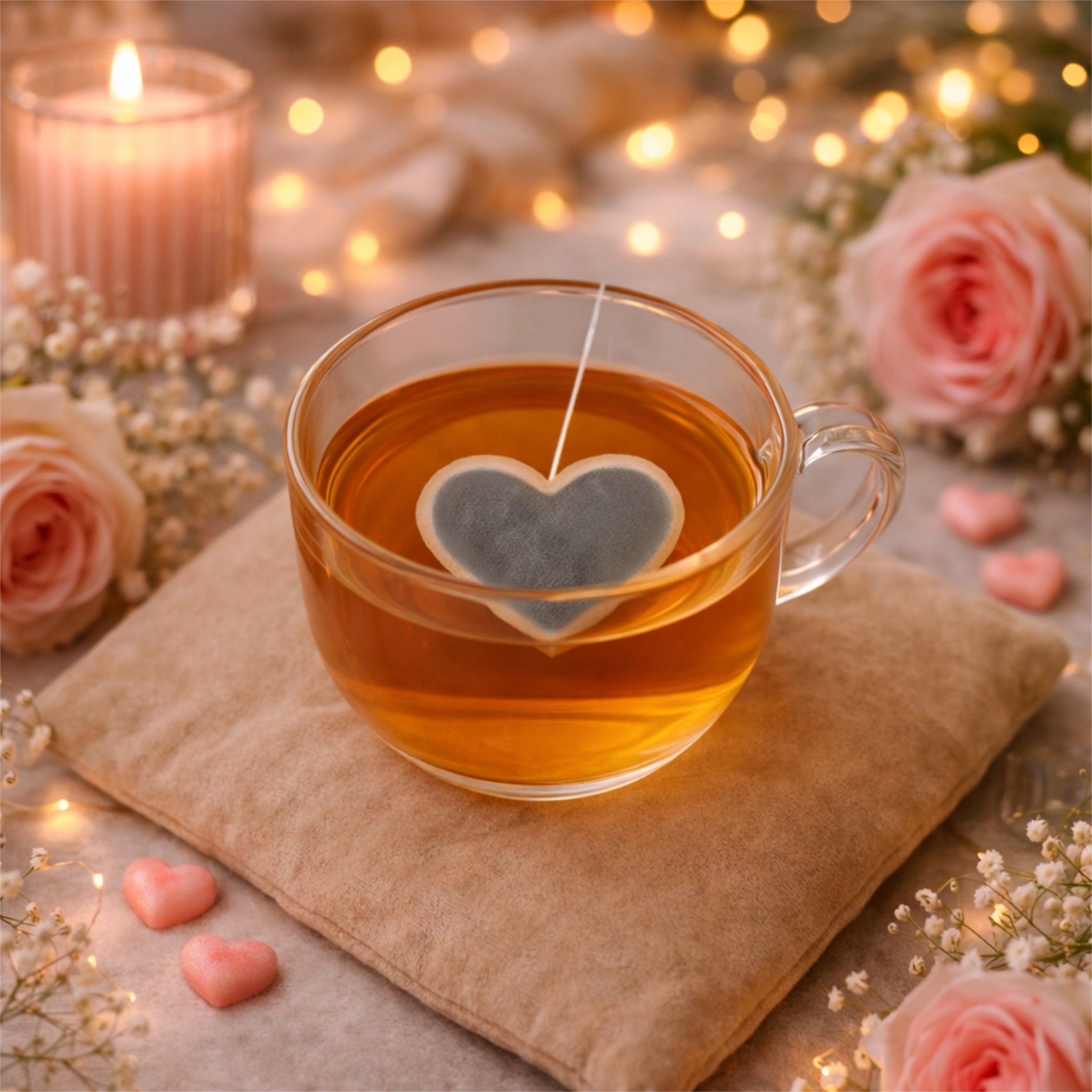 Glass mug of tea with a heart-shaped tea bag, surrounded by roses and candles on a soft surface.