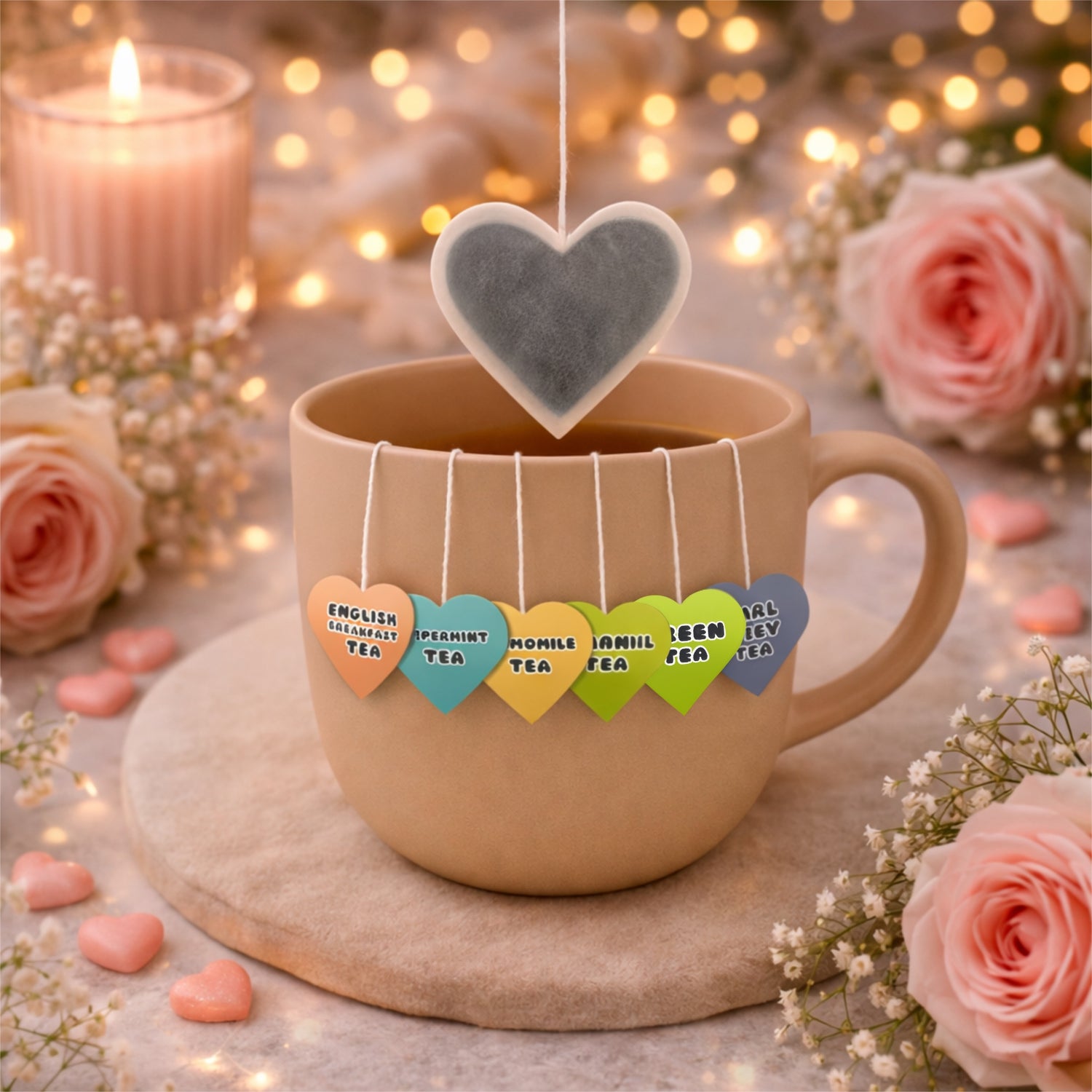 Tea bag with heart-shaped tags hanging over a mug, surrounded by roses and lights