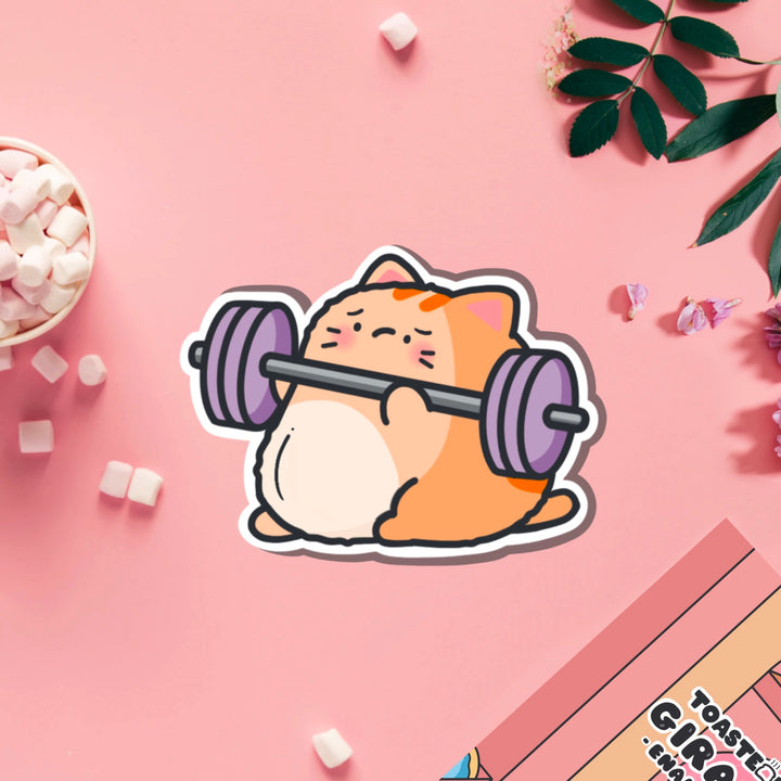 Cat lifting weights vinyl sticker on pink table