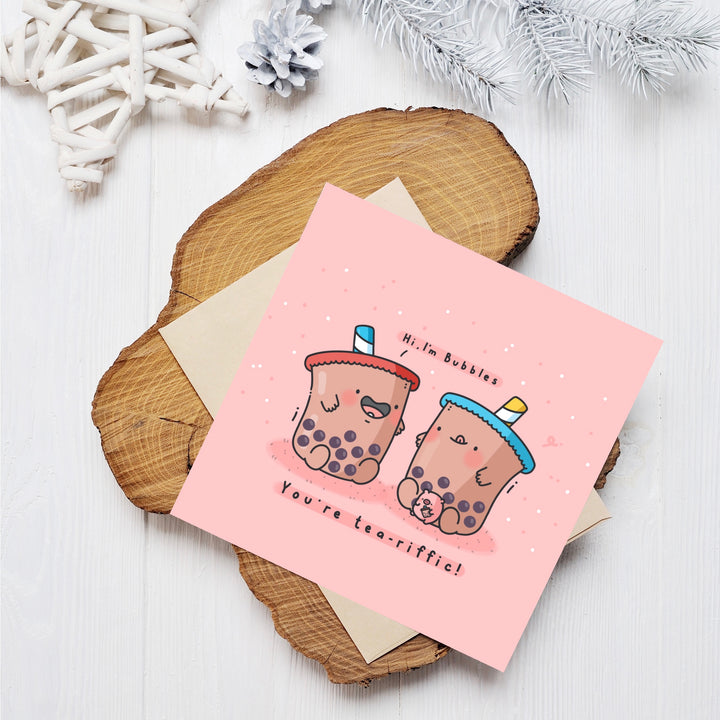 Bubble tea greetings card on wooden piece