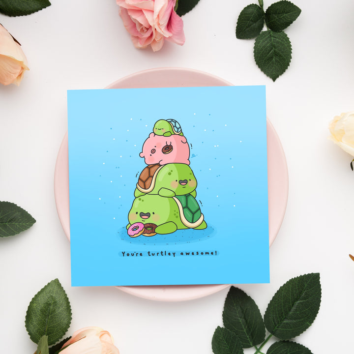 Turtle card on pink plate