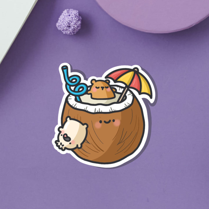 Bear bathing in coconut vinyl sticker on purple table