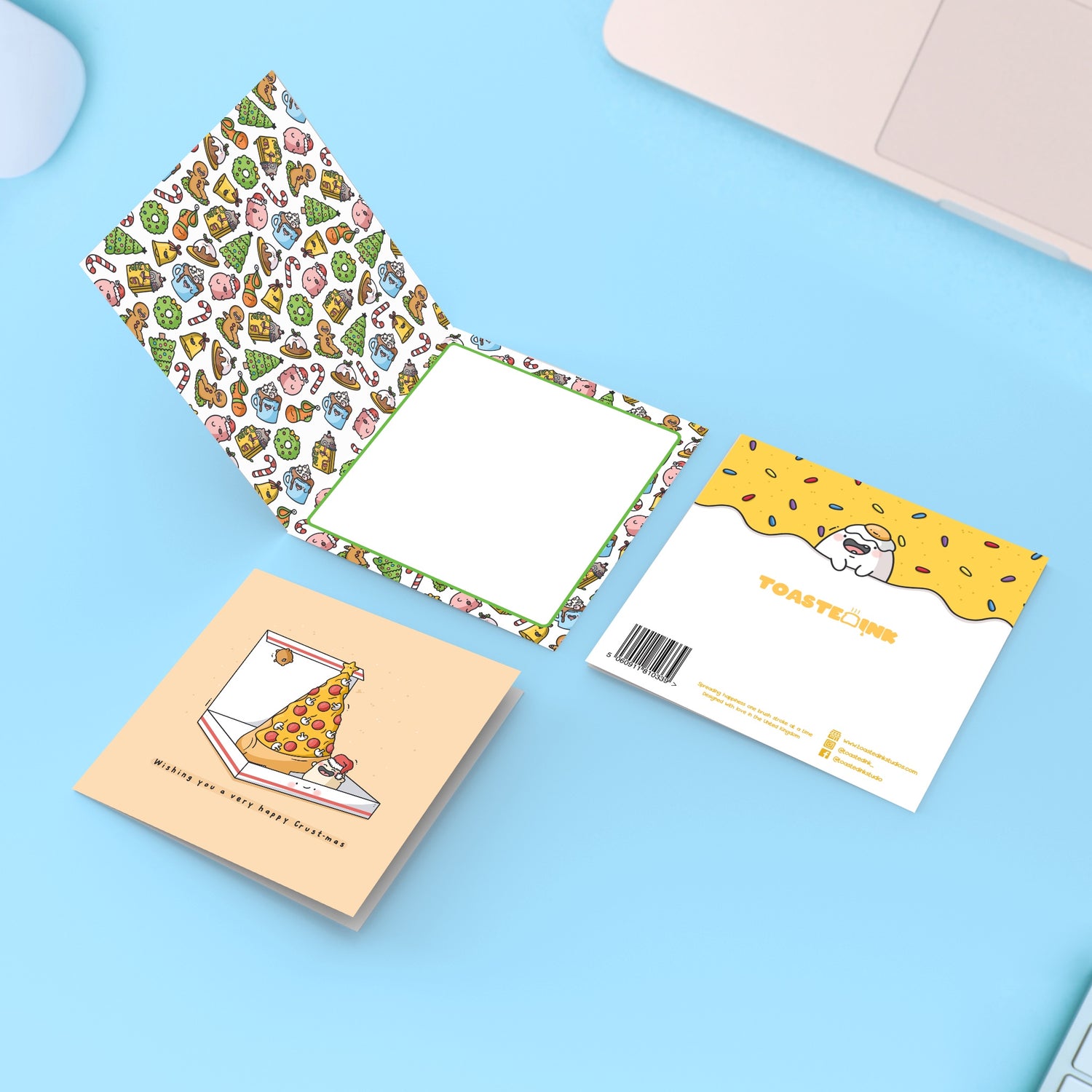 Christmas pizza card on blue table