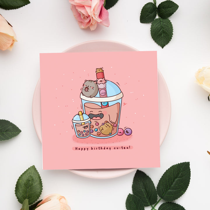 Bubble tea card on pink plate