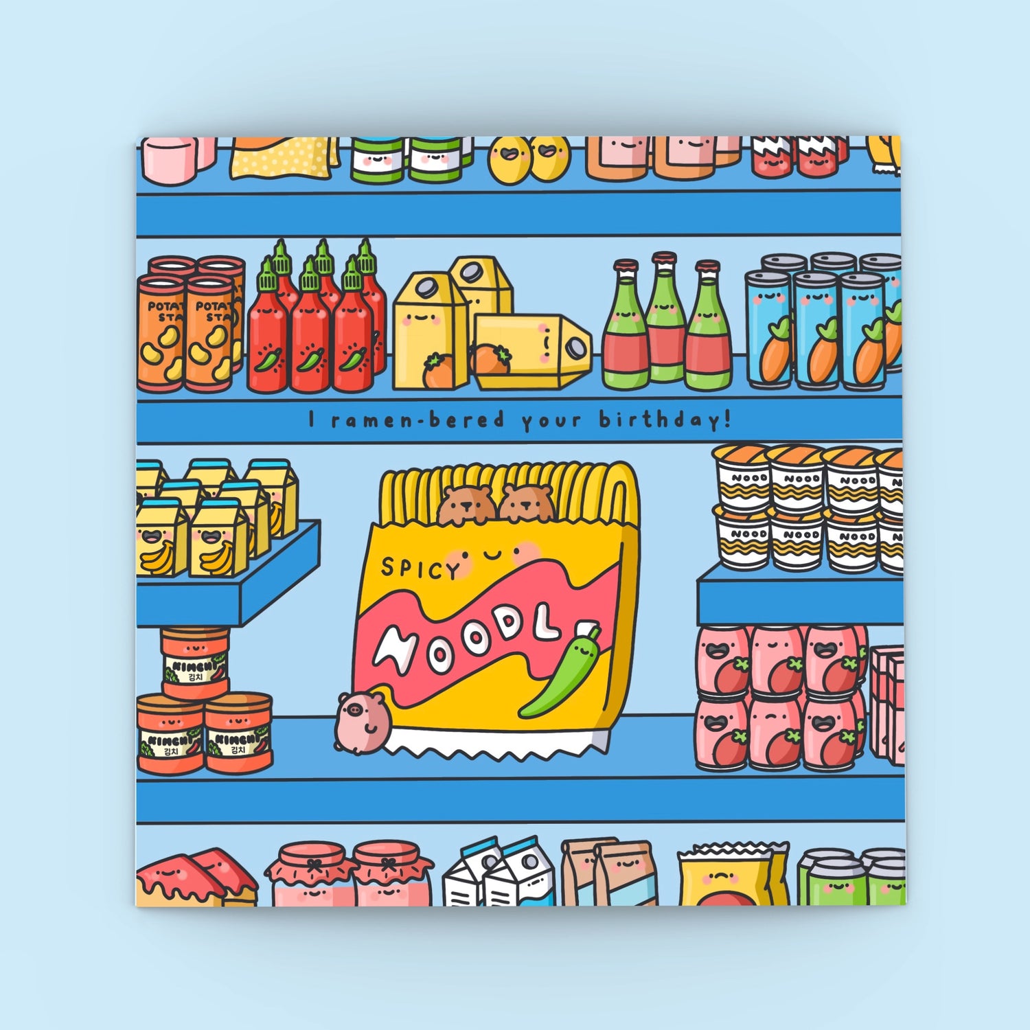Noodles Birthday card on blue background