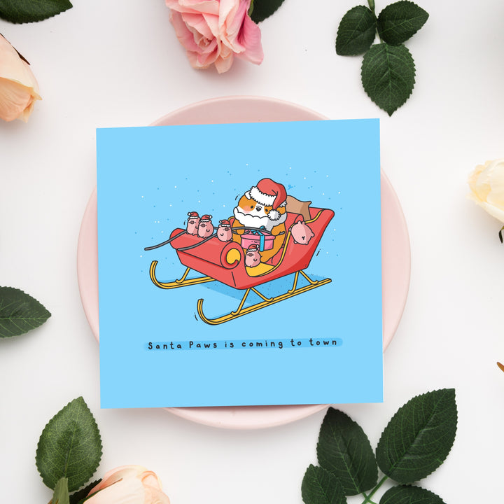 Santa Dogs Christmas card on pink plate