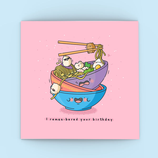 Cute Ramen Birthday card on blue background