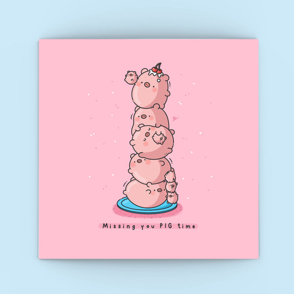 Cute pig card on blue background