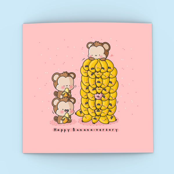 Cute Banana Anniversary card on blue background