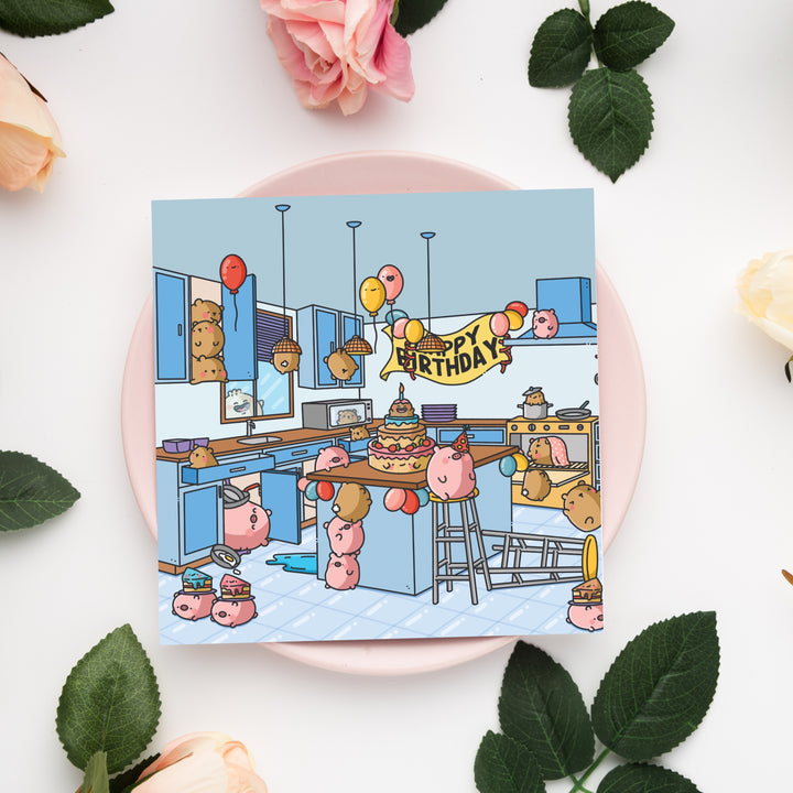 Cute birthday greetings card on pink plate