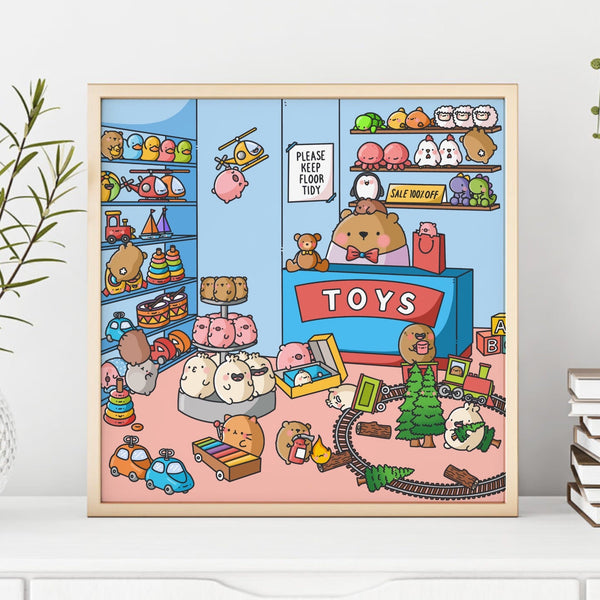 Cute Toy Shop Art Print on white table