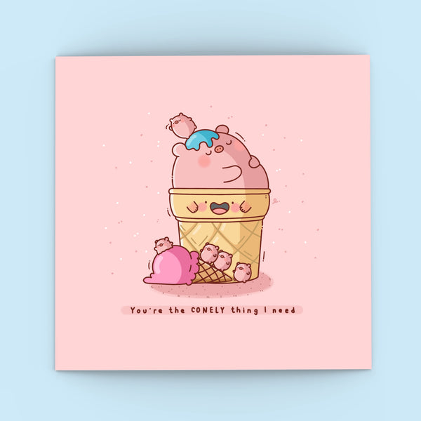 Pig in Ice Cream Greetings card on blue background