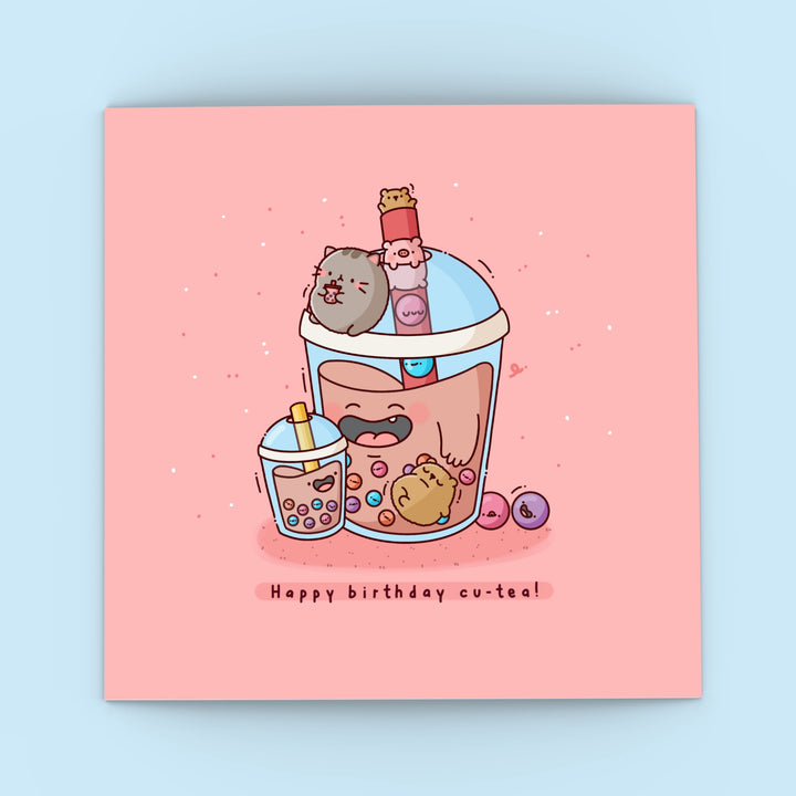 Bubble Tea Birthday Card on blue background