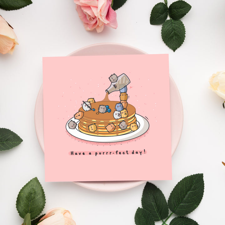 Pancakes card on pink plate