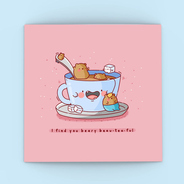 Tea bears card on blue background