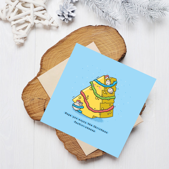 Cheese Christmas card on wooden block