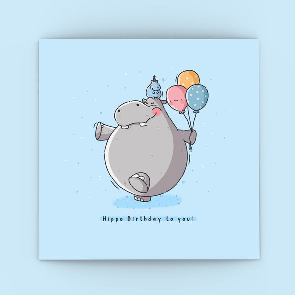 Cute Hippo Birthday Card on blue background