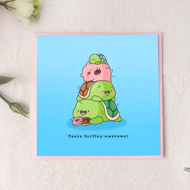 Cute Turtle Card on pink background