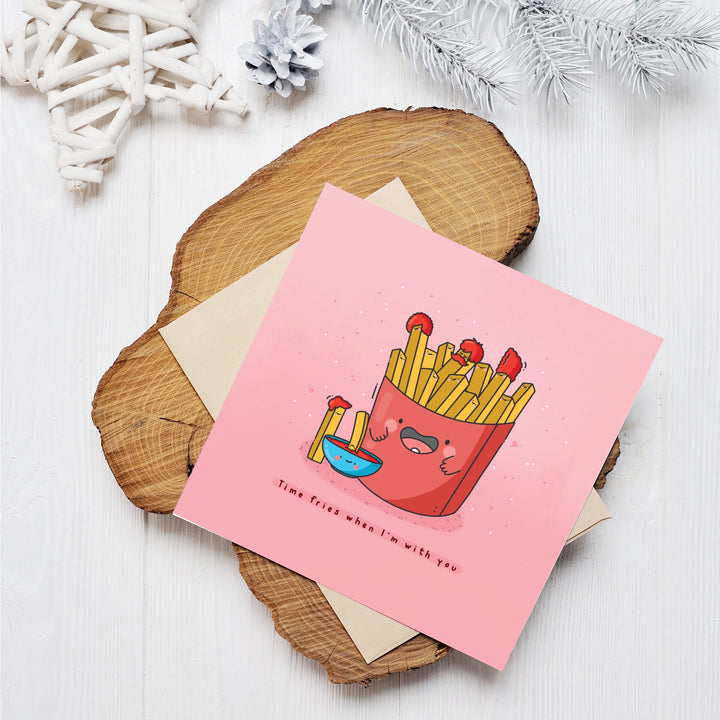 French Fries Greetings Card on wooden block