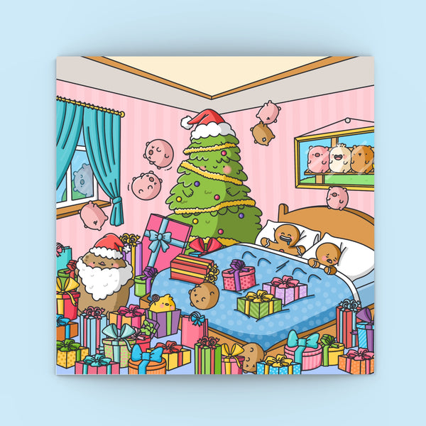 Cute Christmas Presents Greetings Card on blue background
