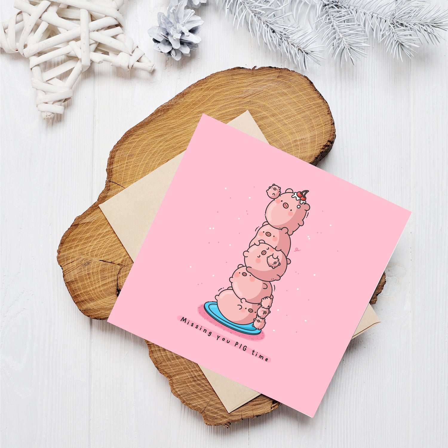 Pig Card on wooden block