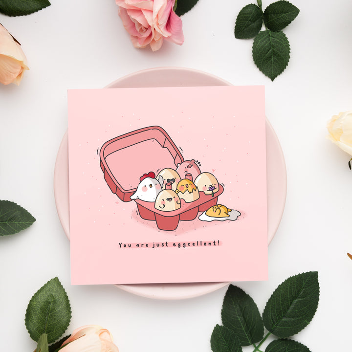 Eggs card on pink plate