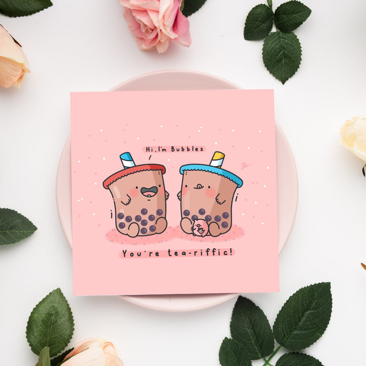 Bubble Tea card on pink plate