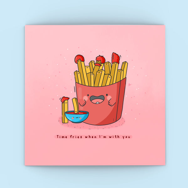 French Fries Greetings Card on blue background