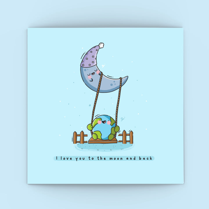 Cute Moon Greetings Card on blue background