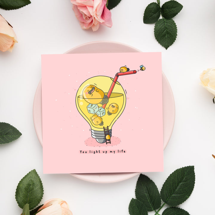 Lightbulb Greetings Card on pink plate