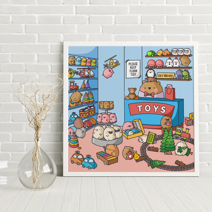 Cute Toy Shop art print on brick wall