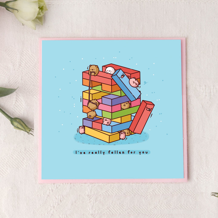 Cute Building Blocks card on pink table