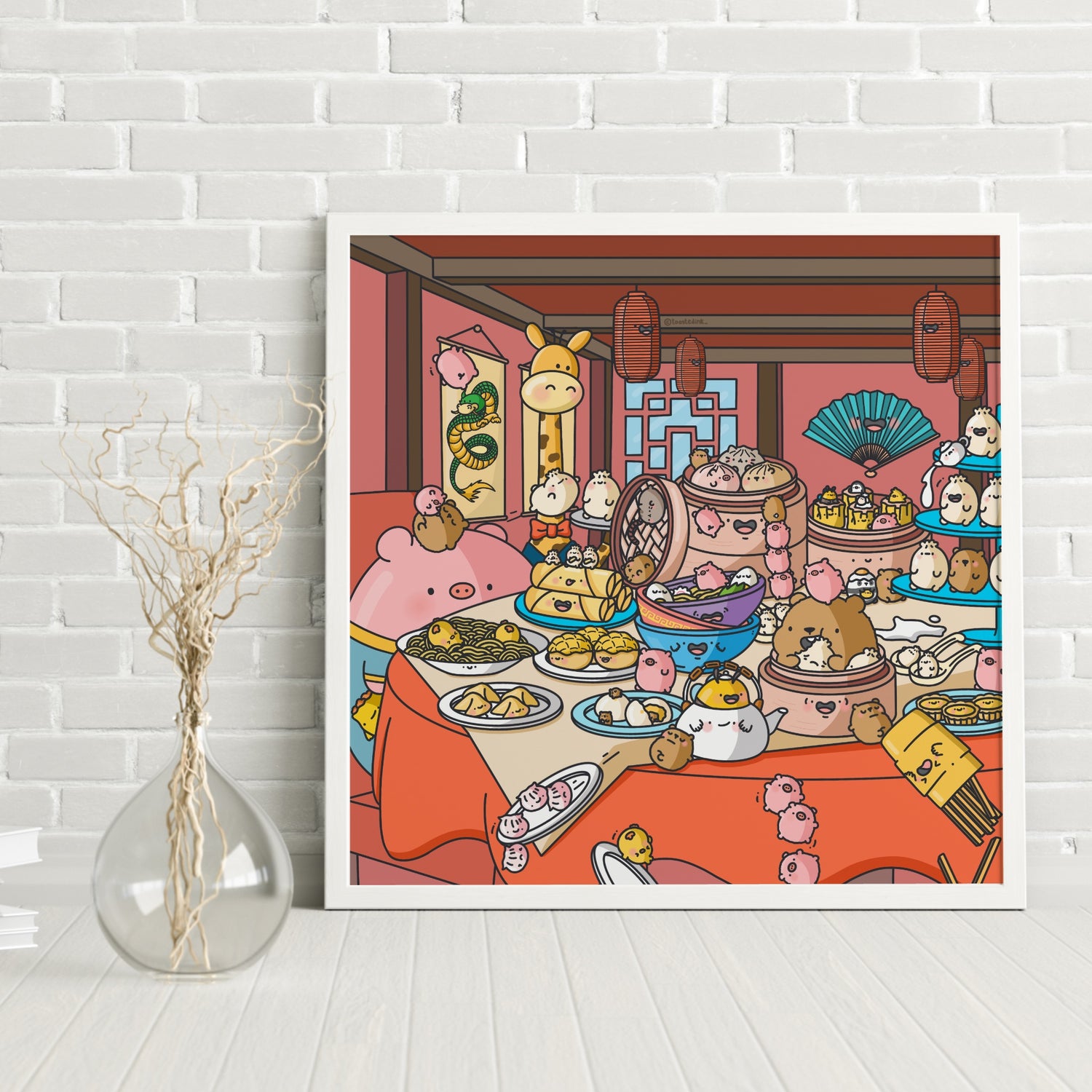 Dim Sum Art Print with brick wall background