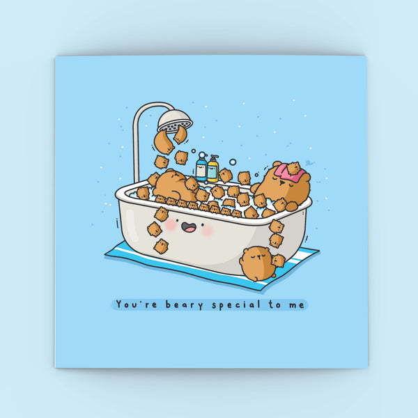 Bear bath card on blue background