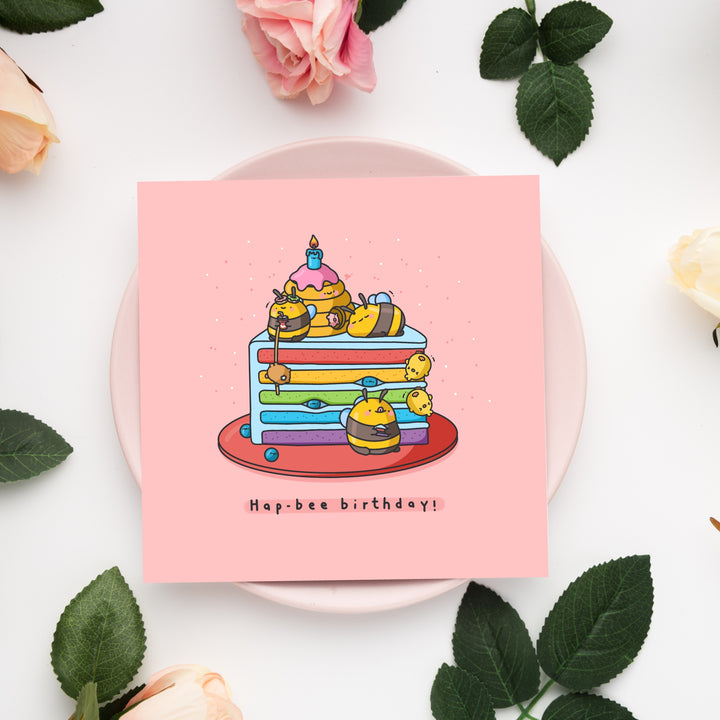 Bee card on pink plate