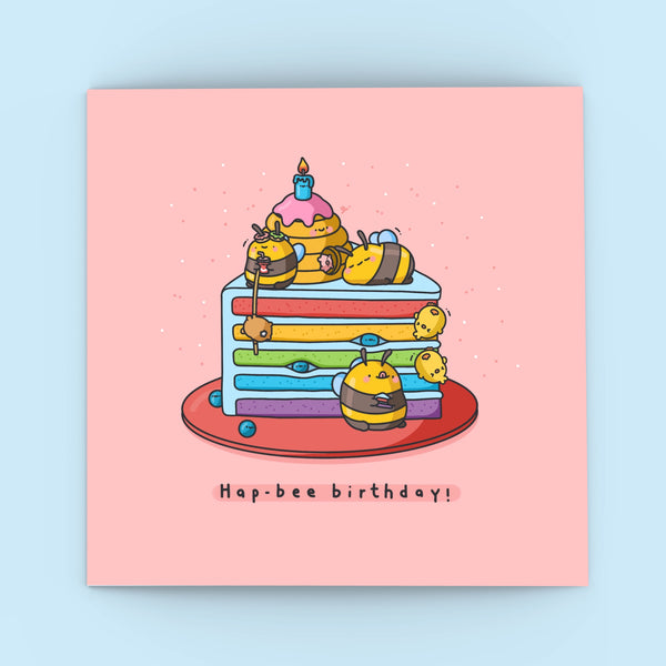 Bee birthday card on blue background