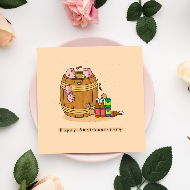 Beer anniversary card on pink plate