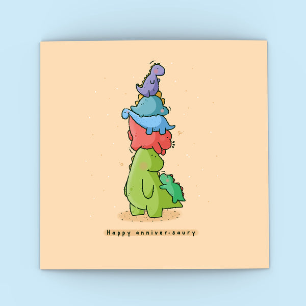Cute Dinosaur Anniversary card on blue background