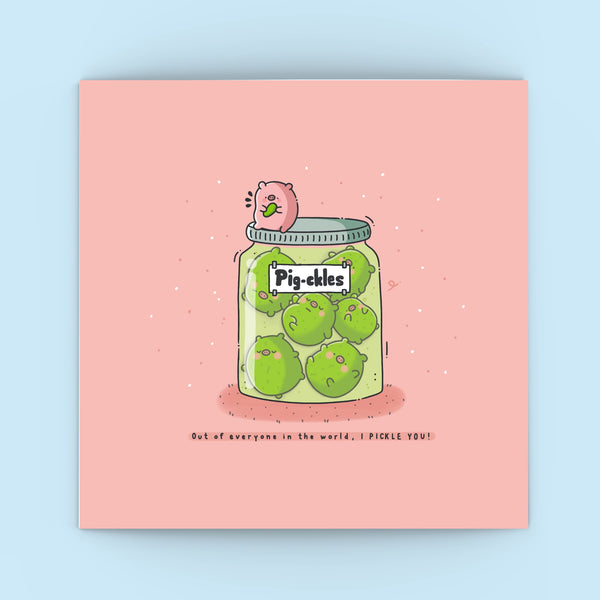 Cute Pickles Greetings Card on blue background
